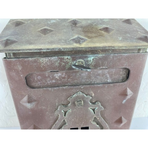 Vtg Antique Copper Wall Mount Mailbox Mission Style Patina Includes Key (Read) - Picture 4 of 12